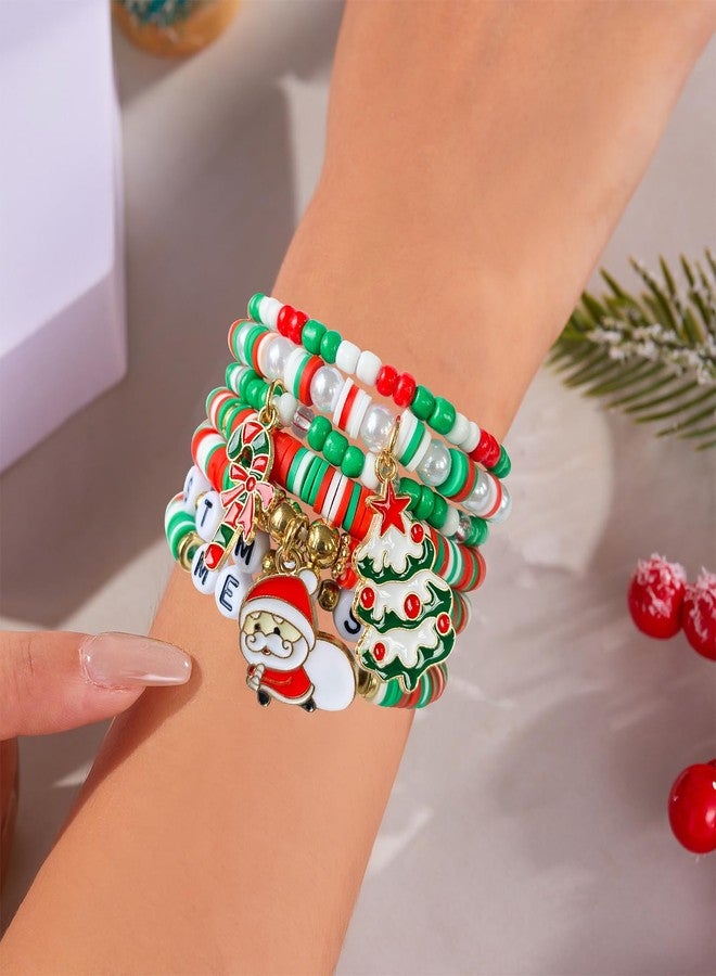BuQueHM 7 Pcs Christmas Bracelets Heishi Surfer Bracelet Beaded Rainbow Vinyl Disc Bead Surfer Stretch Bracelet Christmas Gifts for Women Soft Clay Pearl Jewelry for Women Holidays Christmas Supplies - Image 5